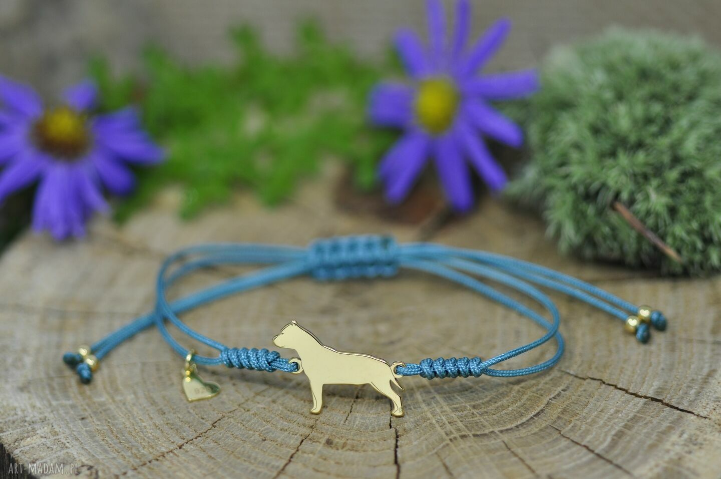 Bransoletka Amstaff z psem - srebro 925 pozłacane i turkusowy sznurek handmade