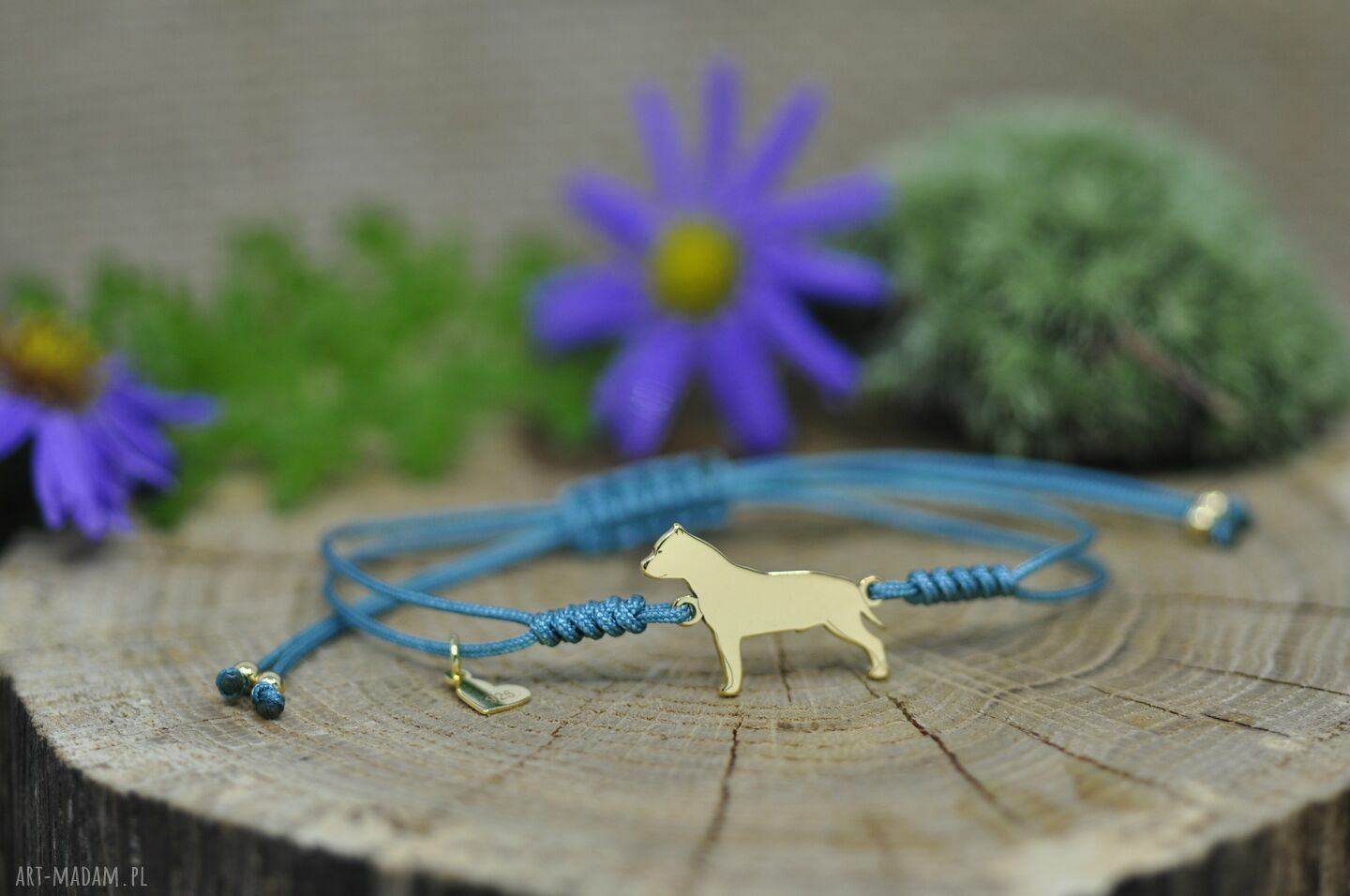 Bransoletka Amstaff z psem - srebro 925 pozłacane i turkusowy sznurek handmade