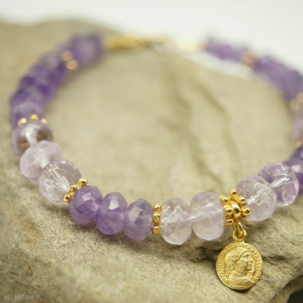 Ametyst bransoletka Qikian z charms-moneta - srebro pozłacane 925