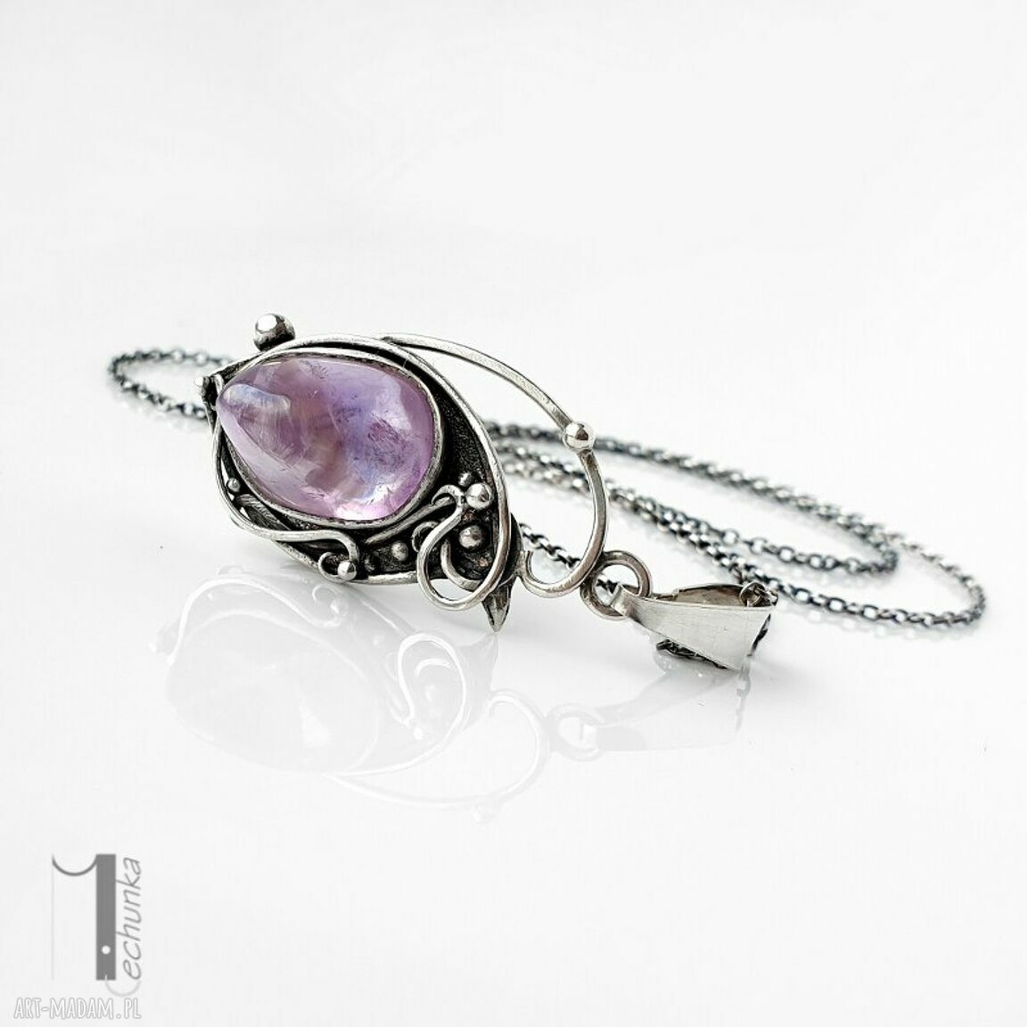 Lawendowy amulet srebrny naszyjnik z ametrynem (dwustronny wisior)