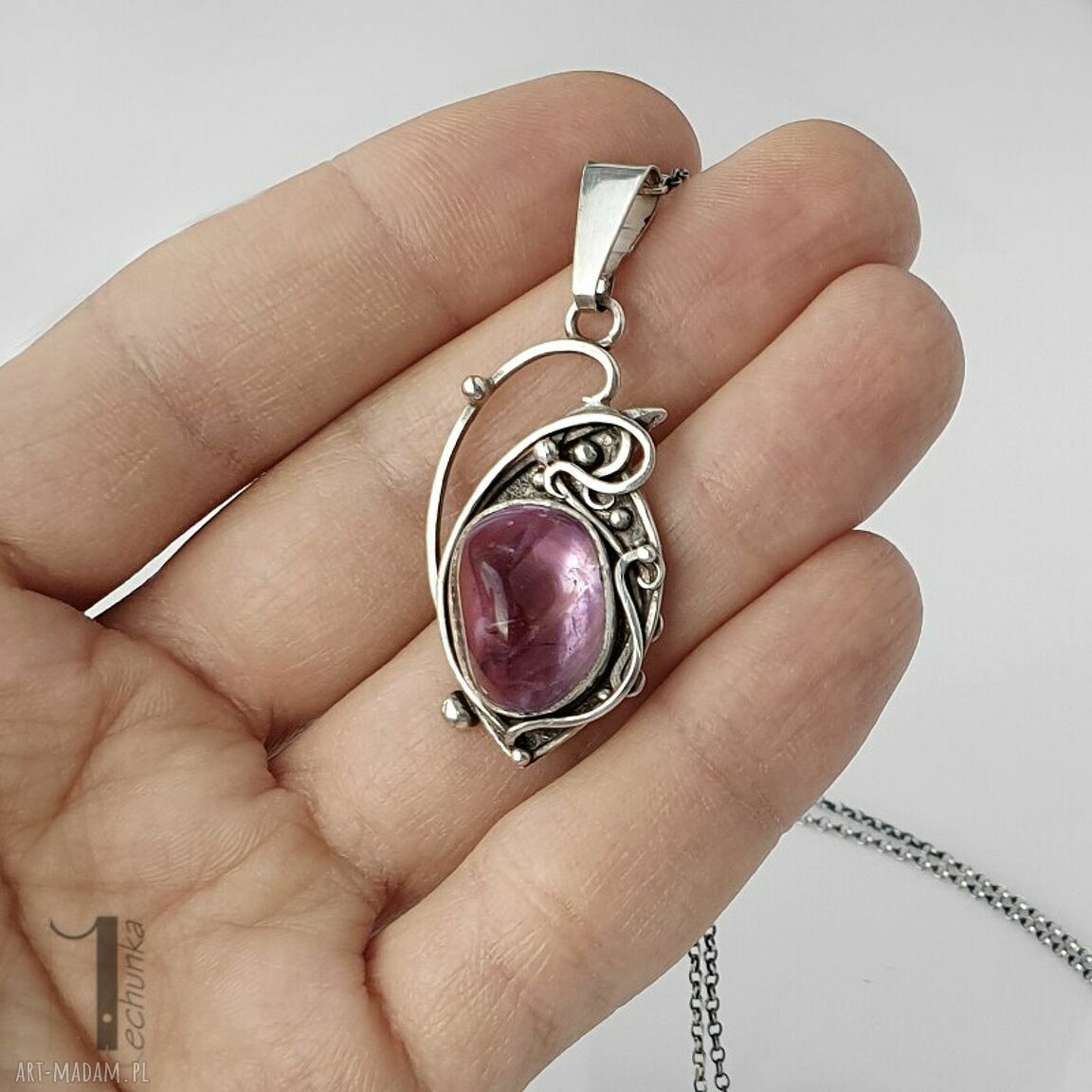 Lawendowy amulet srebrny naszyjnik z ametrynem (dwustronny wisior)