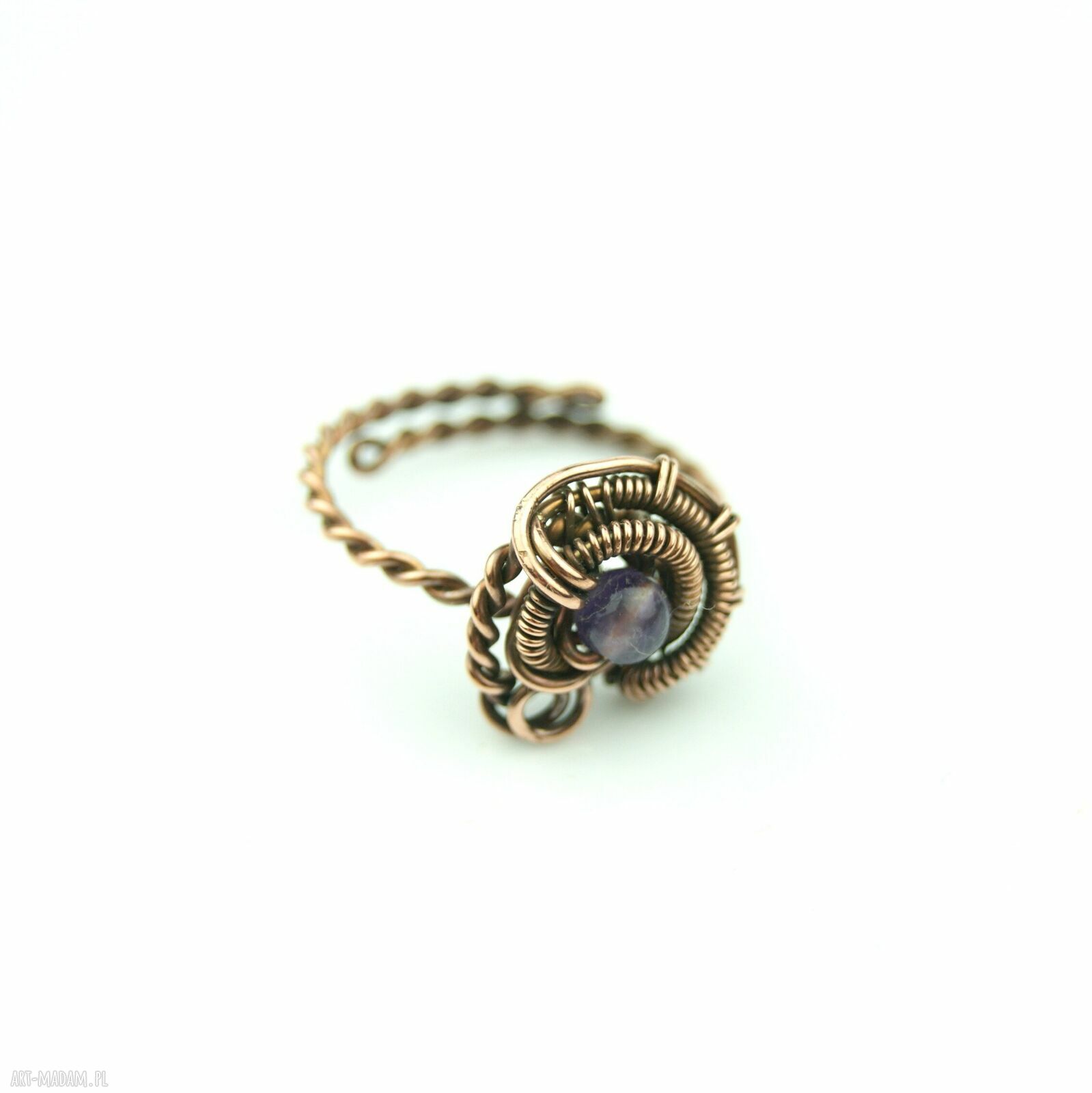 Ametyst regulowany pierścionek z miedzi - wire wrapping dla niej