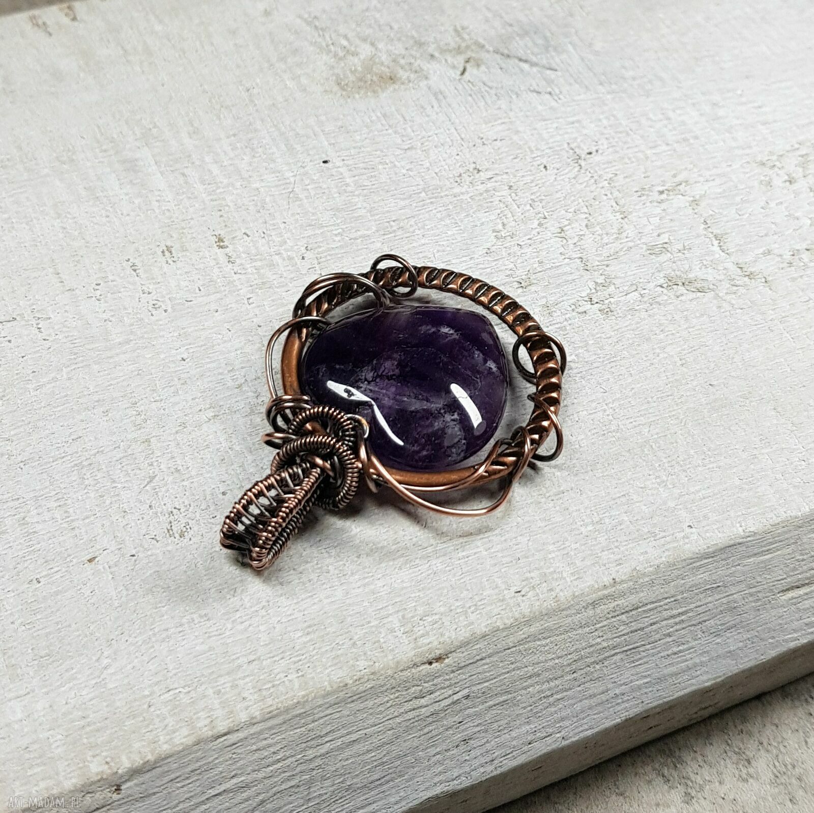Ametystowe serce w miedzi - ręcznie robiony wisiorek wire wrapping