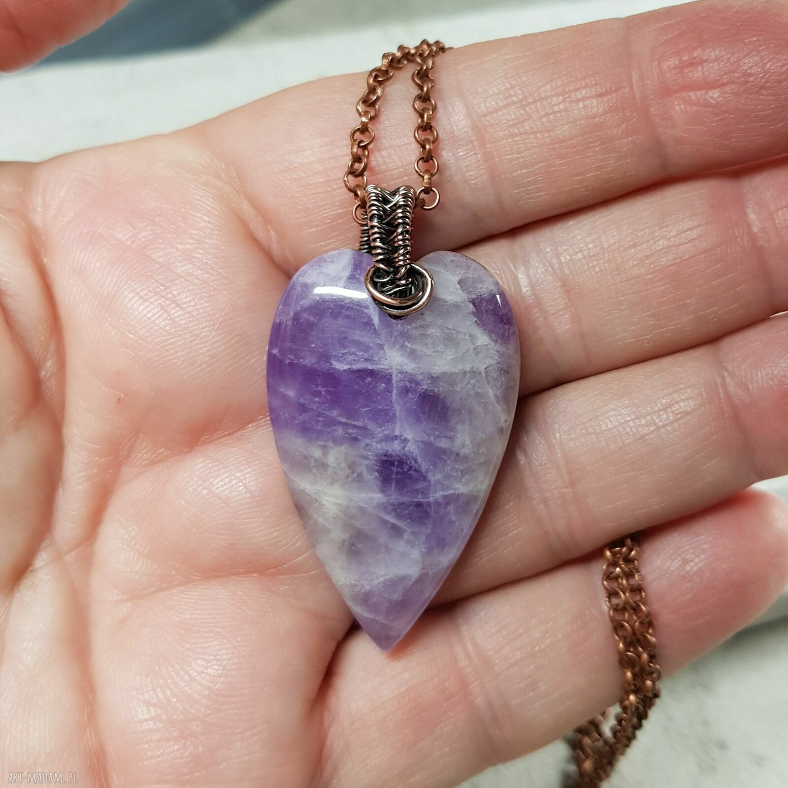 Ametystowe serce M287 - miedziany wisiorek wire wrapping