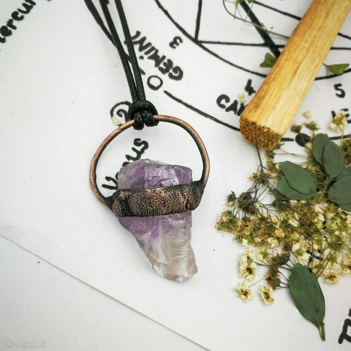 Ametyst w miedzi - miedziany wisior handmade
