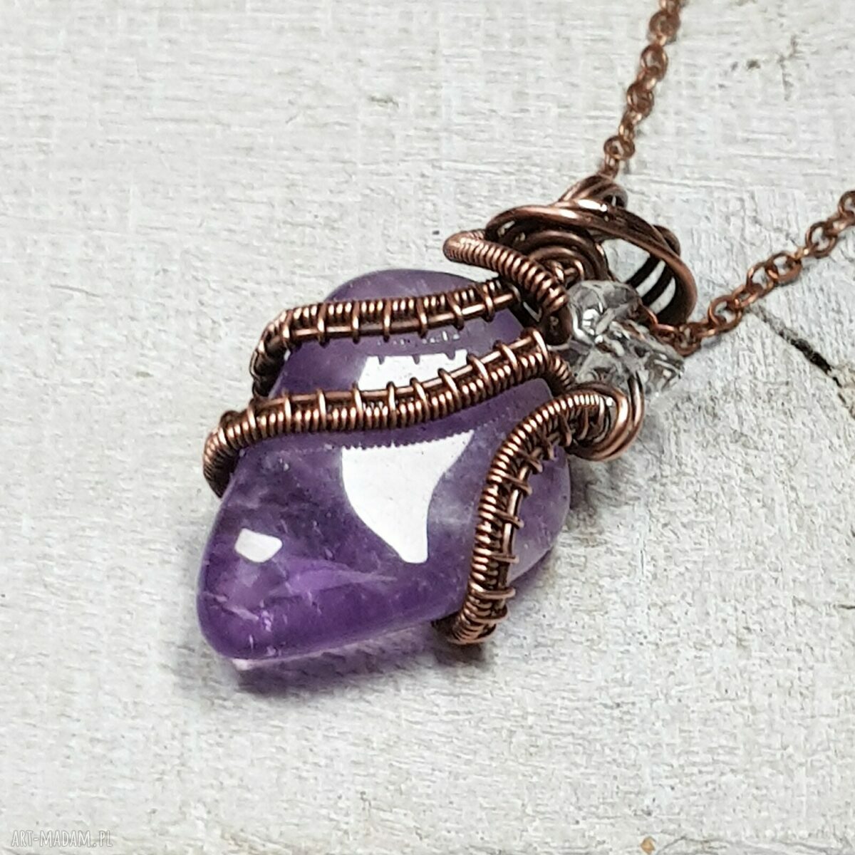 Ametyst z kryształem górskim - ręcznie robiony wisiorek z miedzi wire wrapping