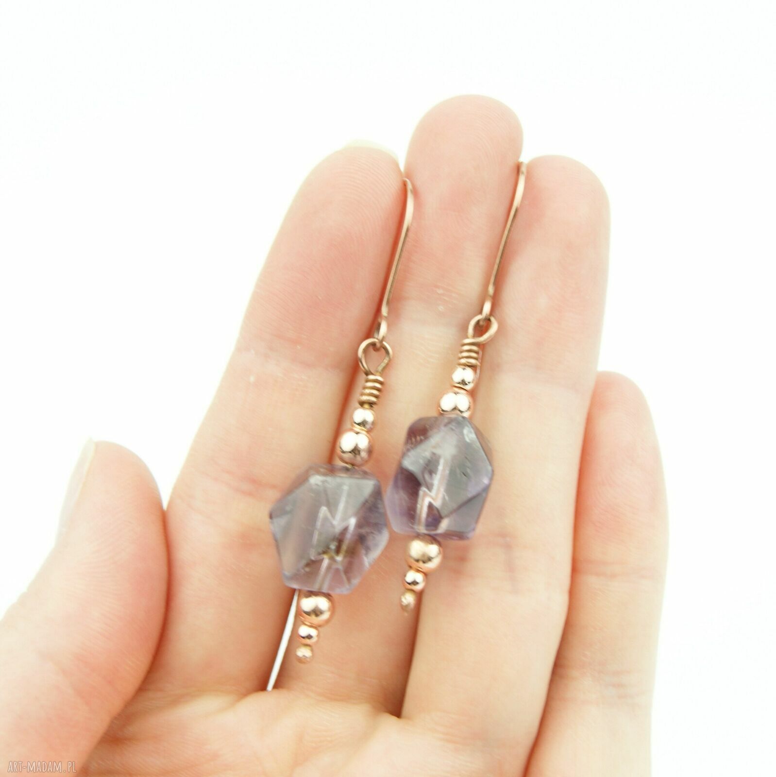 Kolczyki z ametystem i hematytem - miedziane wiszące wire wrapping