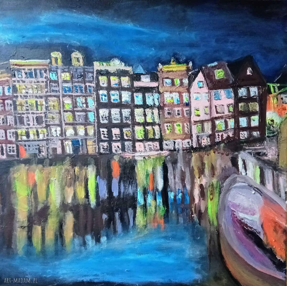 Amsterdam - obraz pejzaż w stylu holenderskim, ręcznie malowany akrylem 50x50 cm