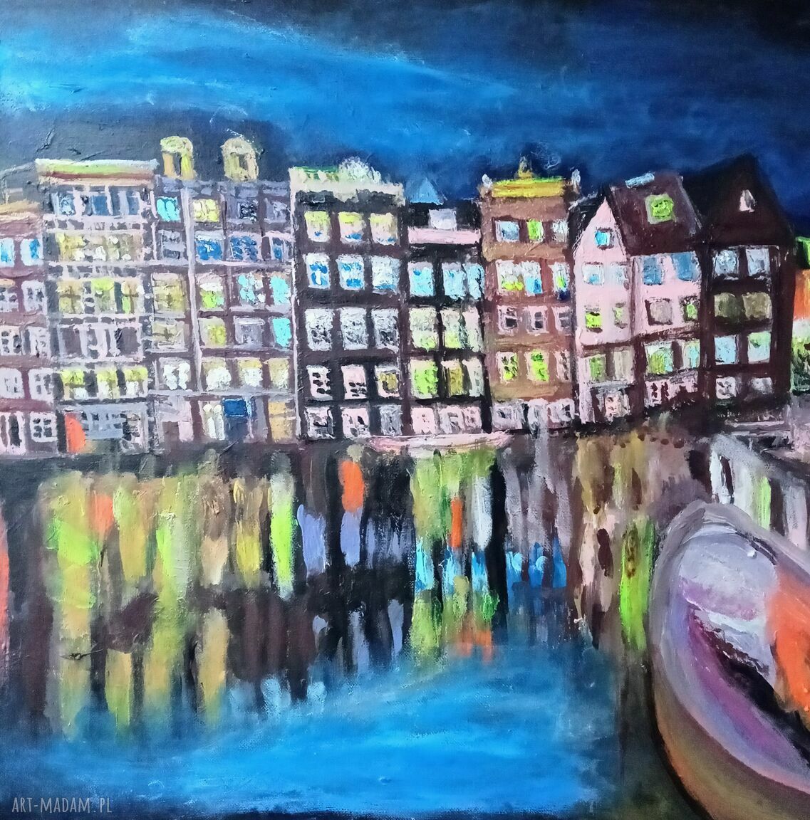 Amsterdam - obraz pejzaż w stylu holenderskim, ręcznie malowany akrylem 50x50 cm
