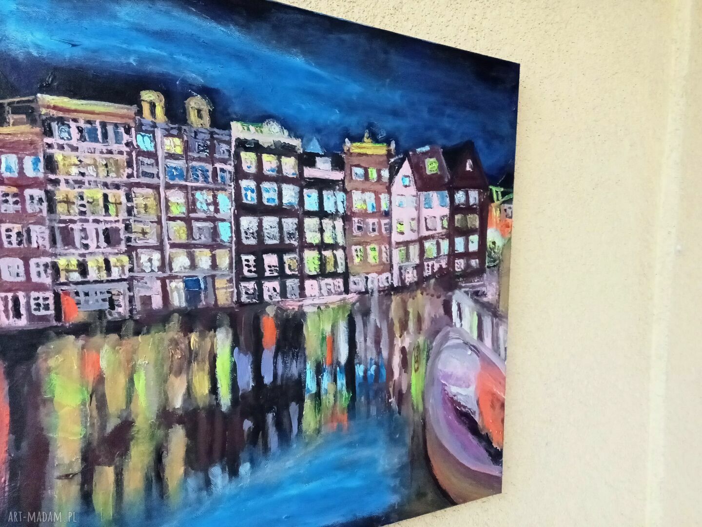 Amsterdam - obraz pejzaż w stylu holenderskim, ręcznie malowany akrylem 50x50 cm