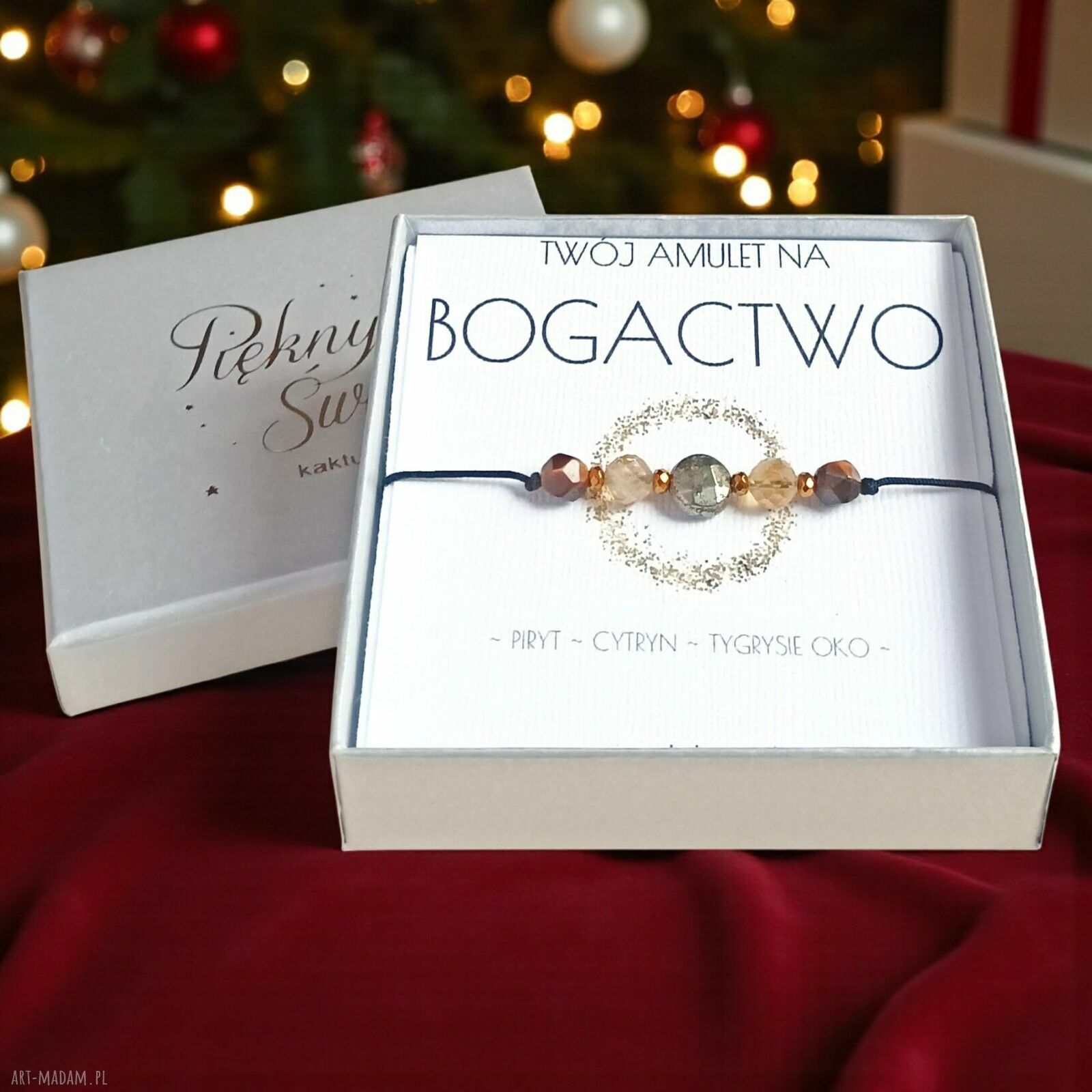Amulet BOGACTWO - świąteczne pudełko z pirytem, cytrynem i tygrysim okiem