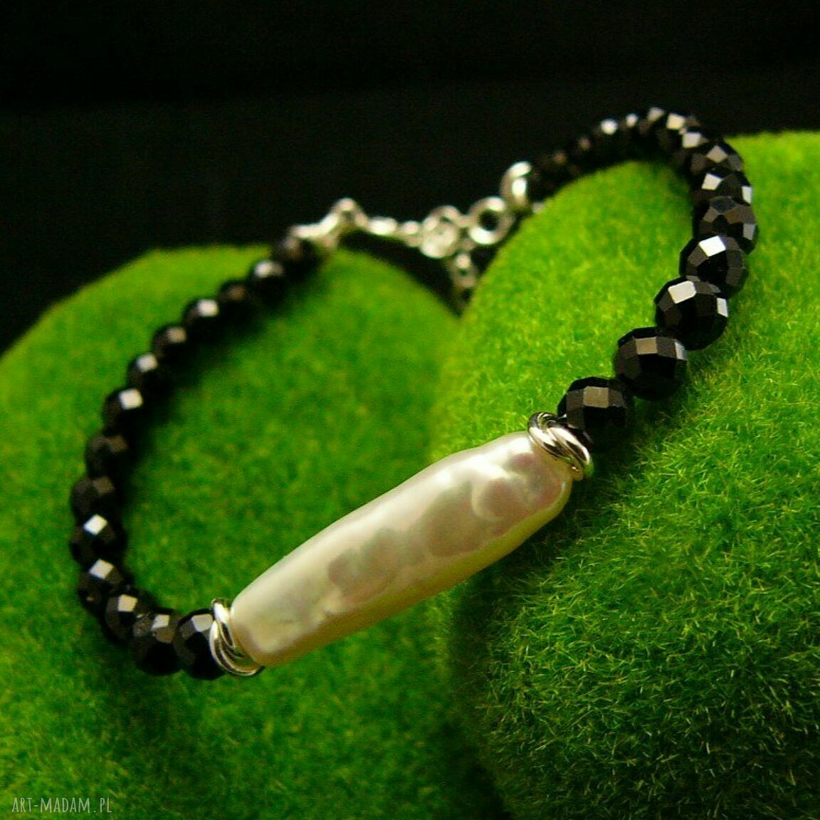 Bransoleta amulet z perłą Keshi i czarnym turmalinem - srebro 925