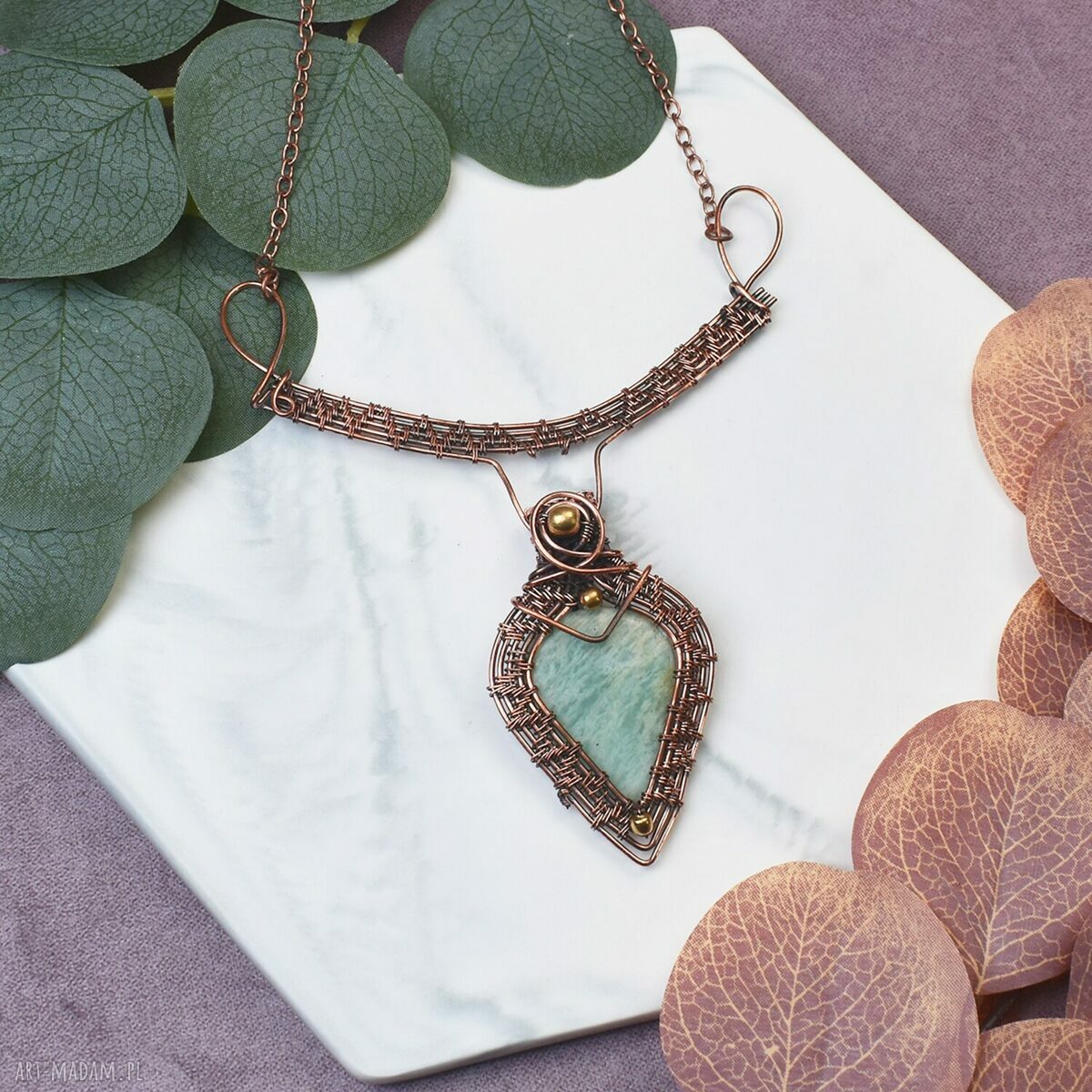 Miedziany naszyjnik wire wrapping z amazonitem - boho wisiorek