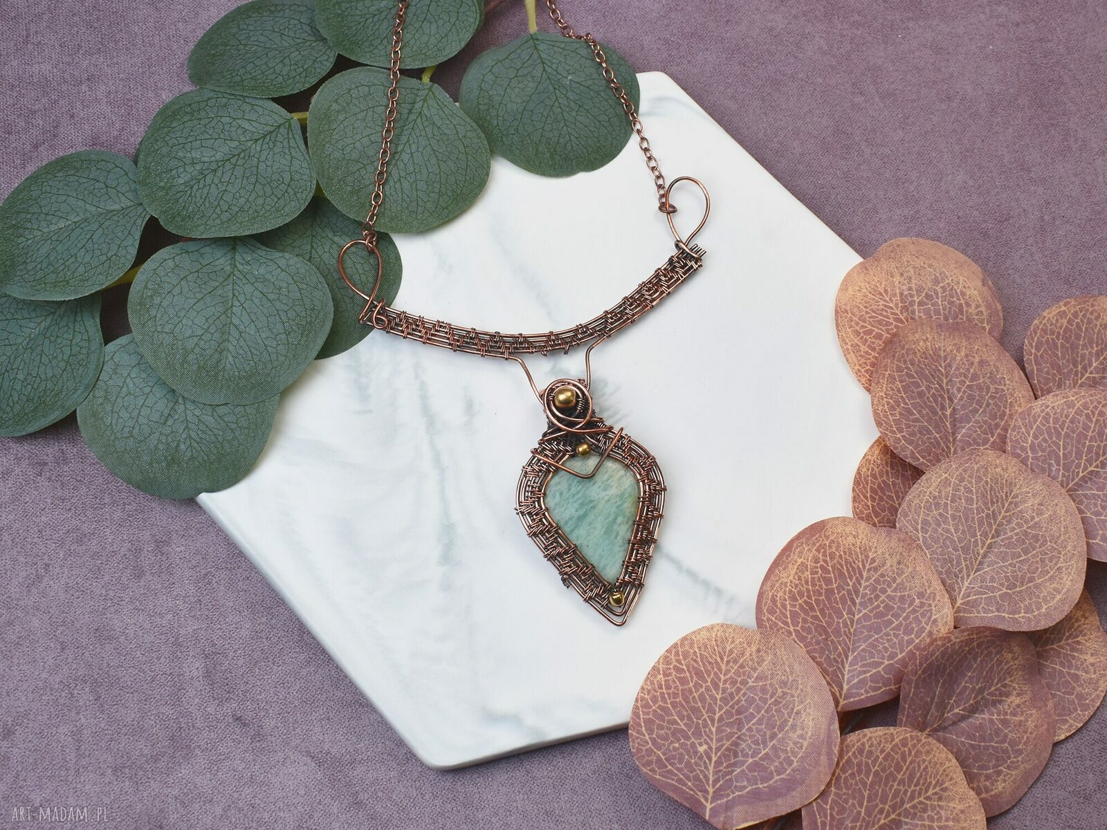Miedziany naszyjnik wire wrapping z amazonitem boho wisiorek