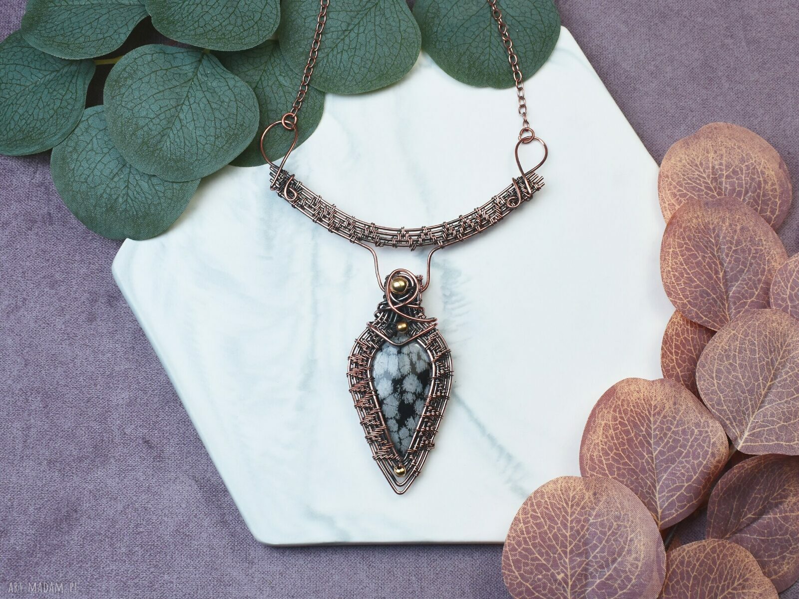 Miedziany naszyjnik wire wrapping z obsydianem śnieżnym #492 ręcznie robiony