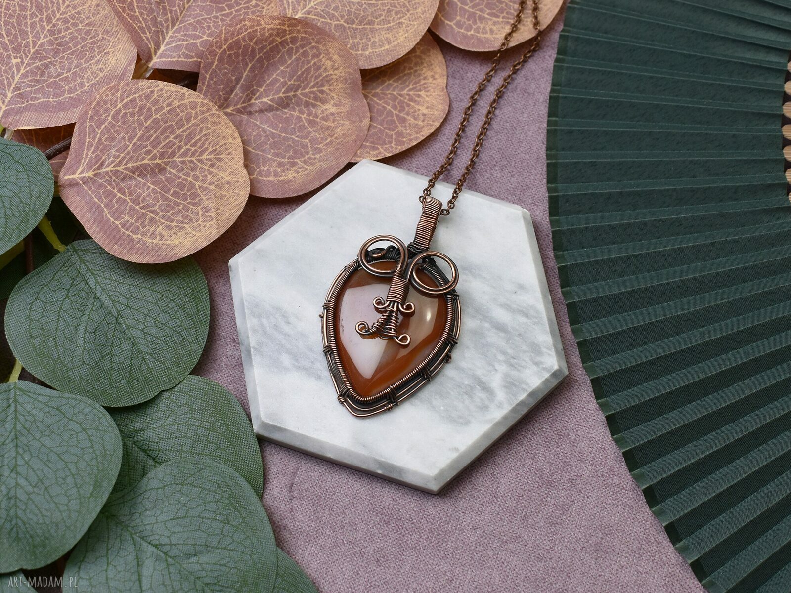 Miedziany wisiorek wire wrapping z karneolem #422 ręcznie robiony amulet
