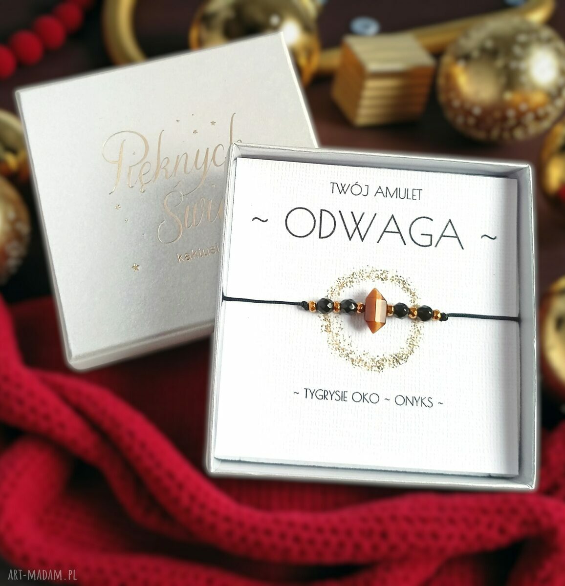 Amulet ODWAGA - świąteczne pudełko: Tygrysie Oko i Onyks - ochronna bransoletka handmade