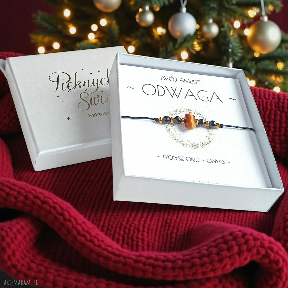 Amulet ODWAGA - świąteczne pudełko: Tygrysie Oko i Onyks - ochronna bransoletka handmade