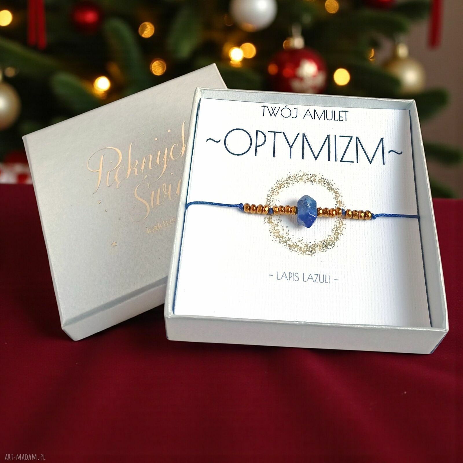 Ochronna bransoletka Amulet OPTYMIZM z lapis lazuli - świąteczne pudełko