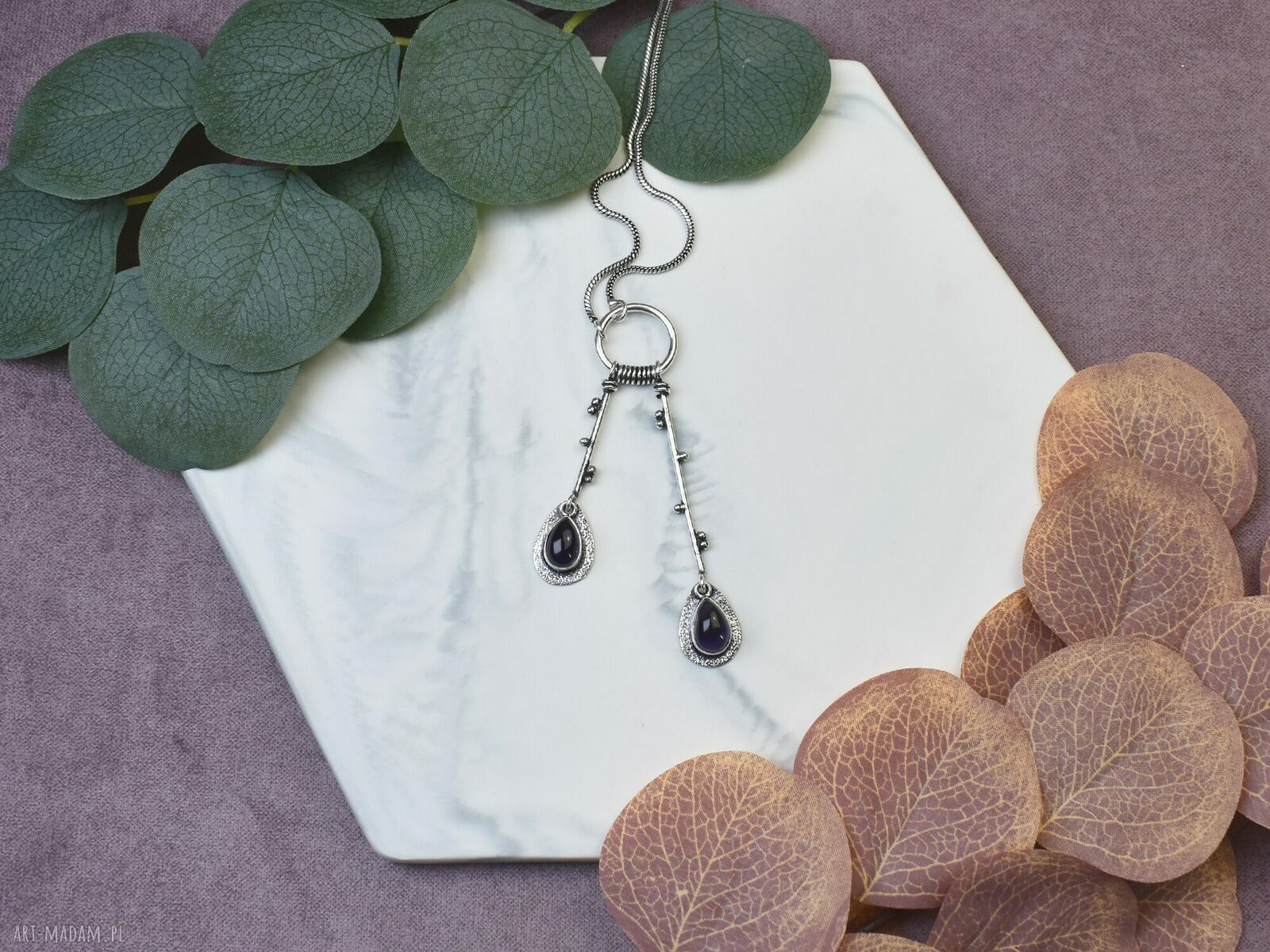 Posrebrzany wisiorek z ametystem #512 elegancki amulet na prezent art Madam.pl