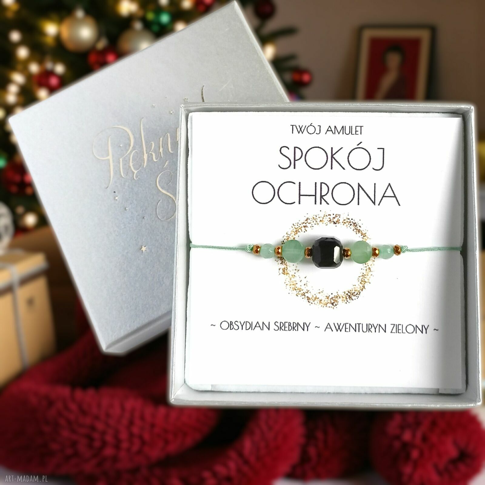 Bransoletka amulet „Spokój i Ochrona” z obsydianem i awenturynem - świąteczne pudełko