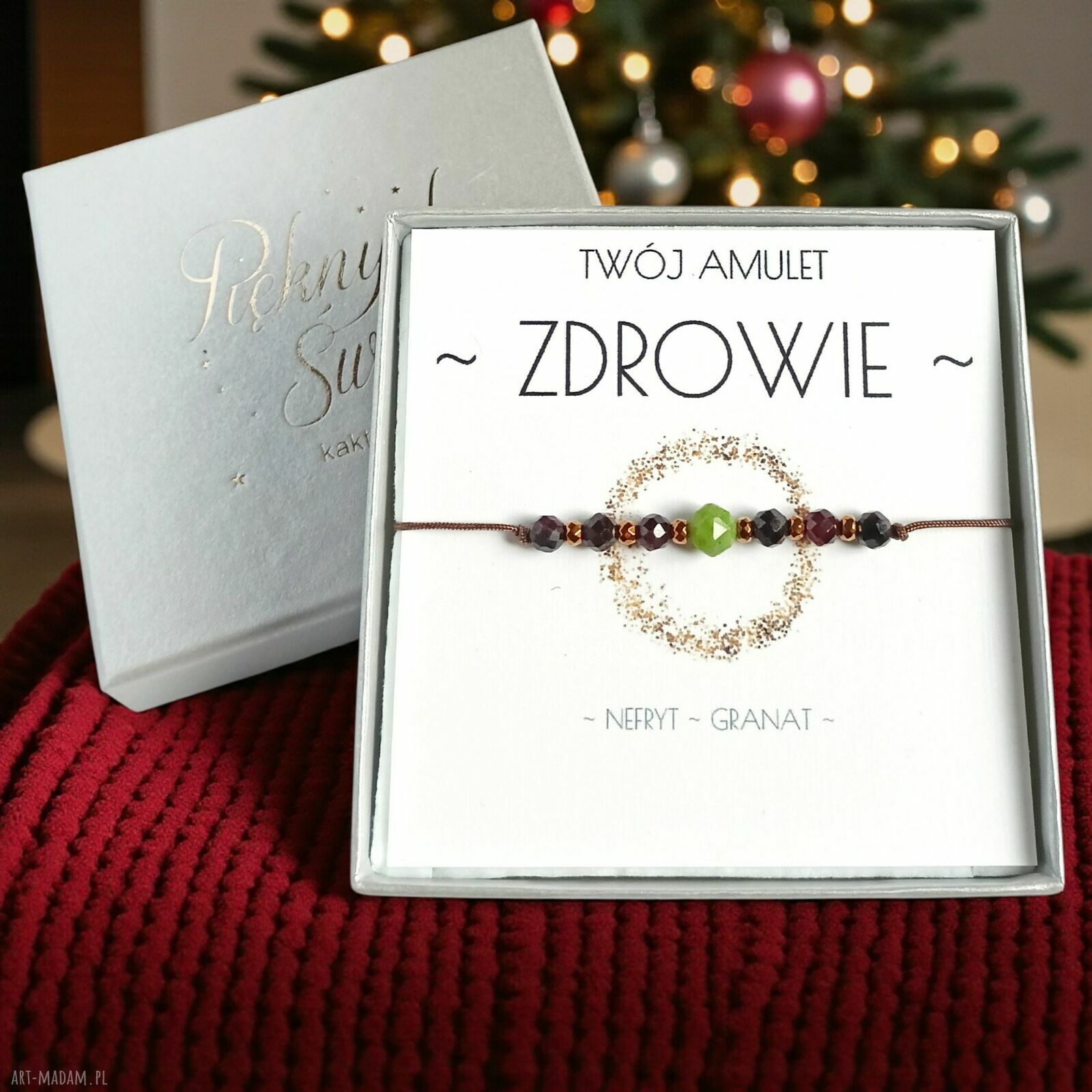 Amulet Zdrowie - bransoletka z nefrytu i granatu świąteczne pudełko