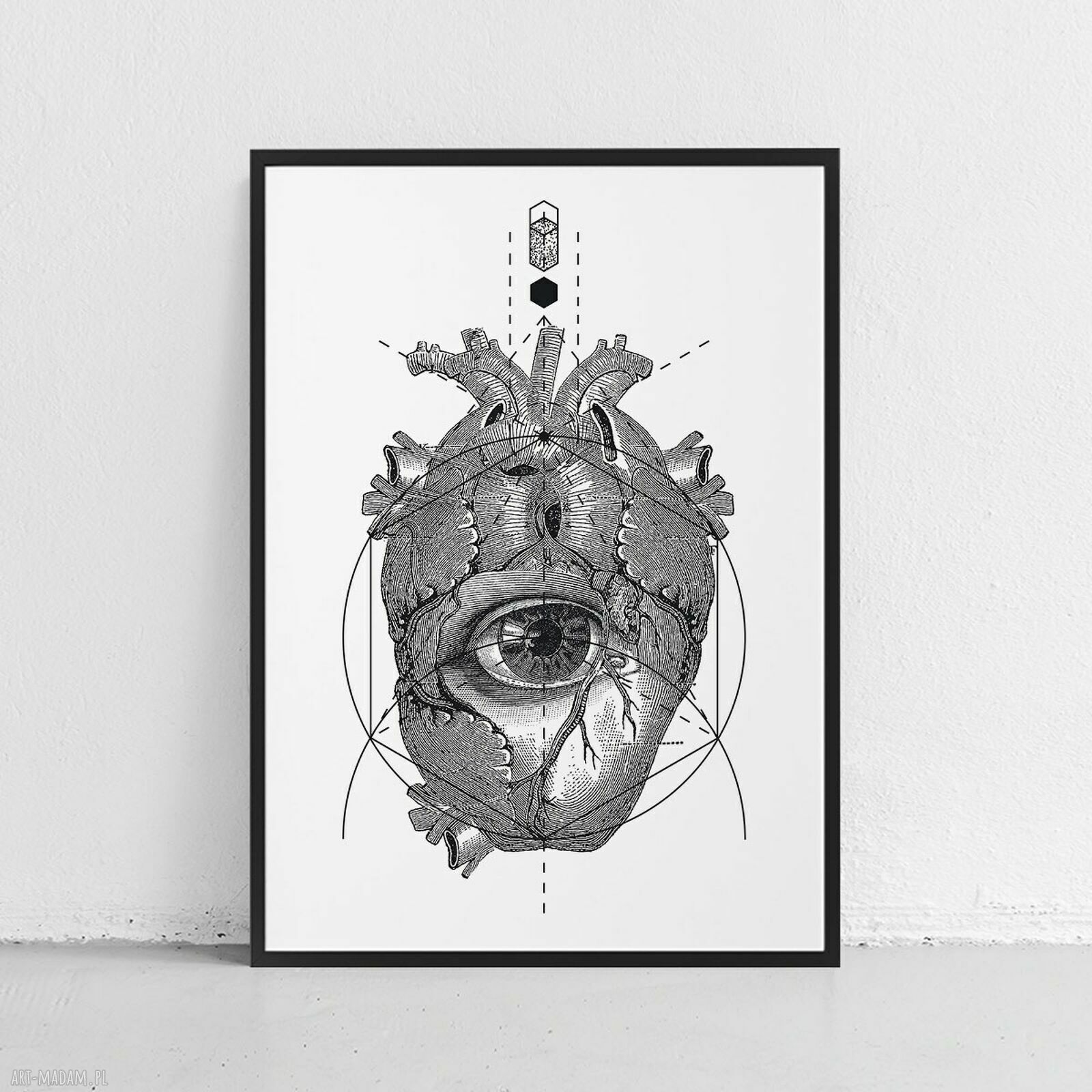 Plakat anatomia serca - rycina vintage w biało-czarnym stylu (A4)