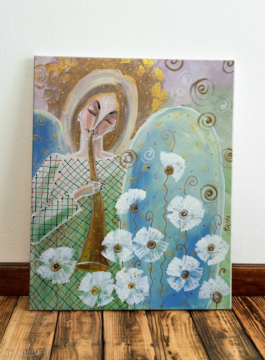 Anielska muzyka - obraz na płótnie Canvas z aniołem i muzyką