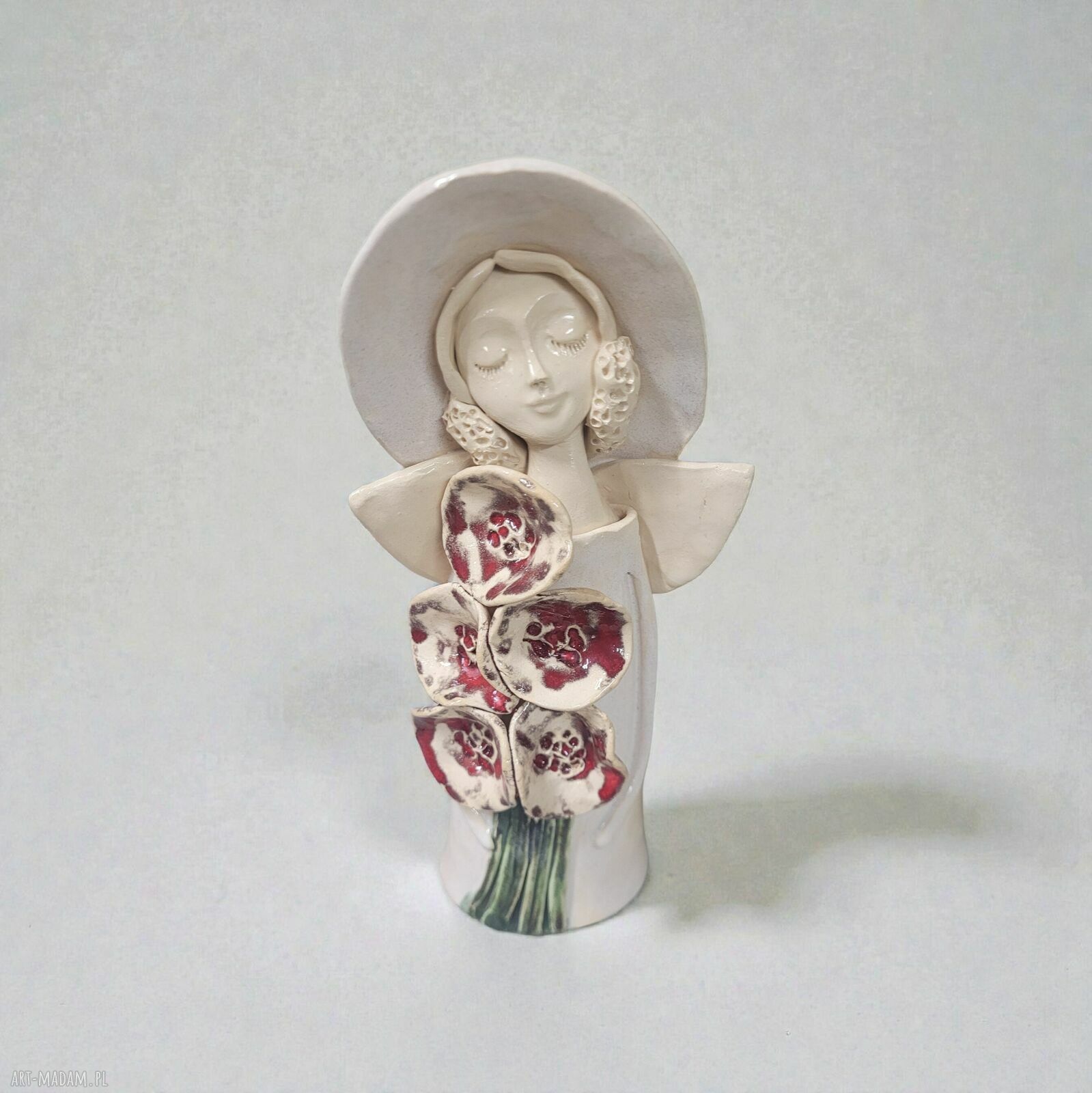 Anioł ceramiczny z kwiatami - ręcznie wykonana dekoracja