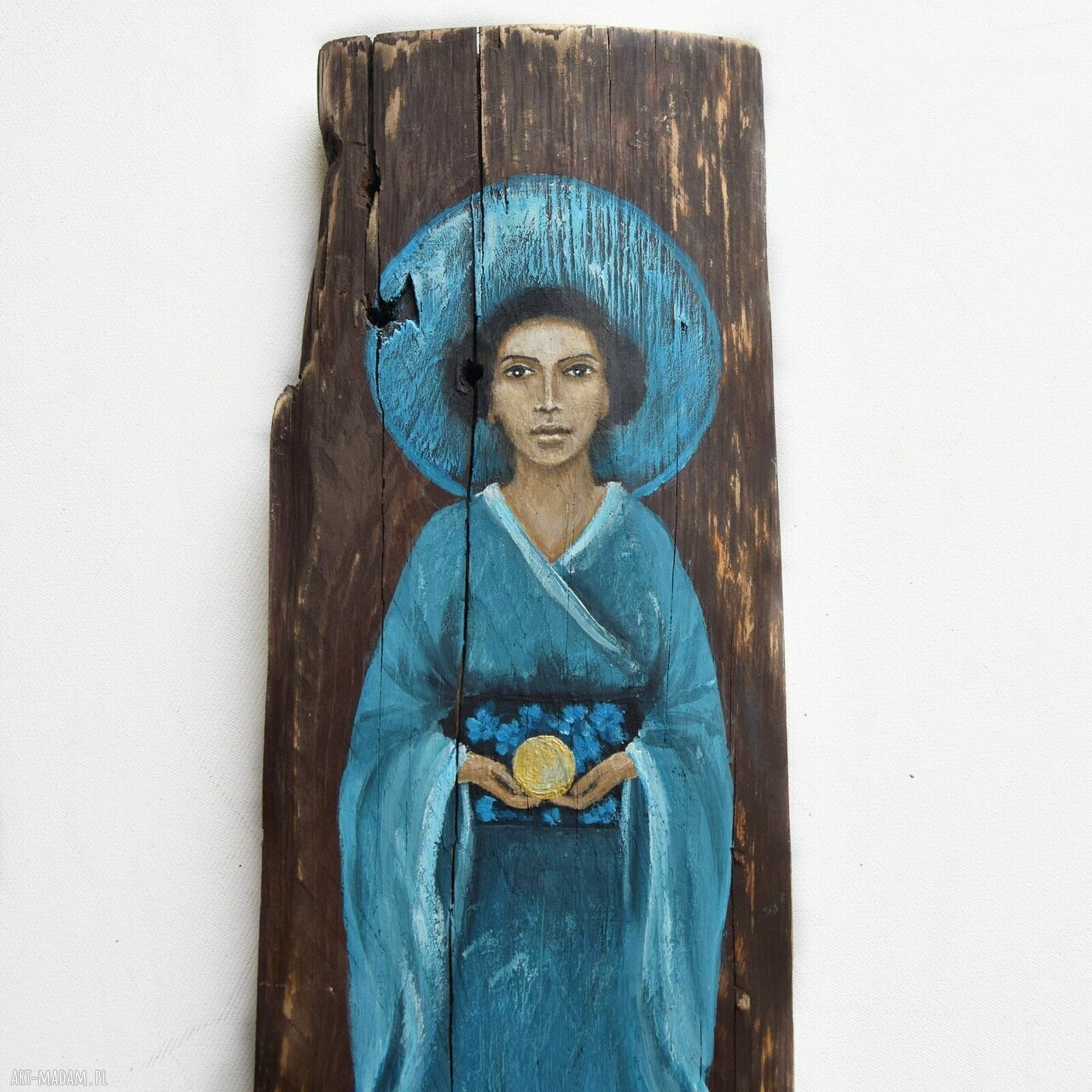 Anioł Akari - obraz ręcznie malowany na starej desce, dekoracja ścienna handmade