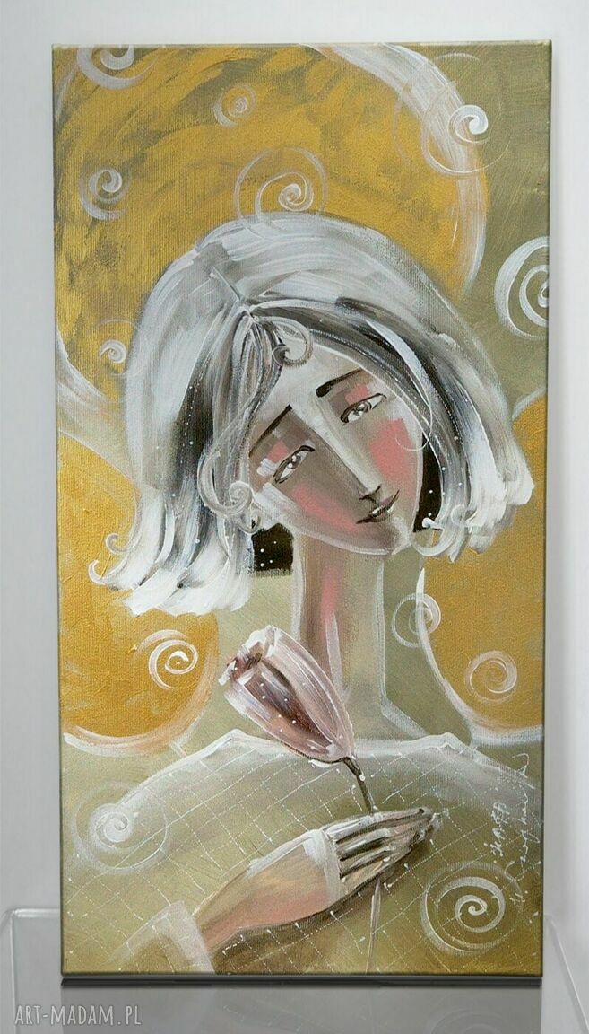 Anioł beżowy z kwiatem - obraz giclee na płótnie Canvas