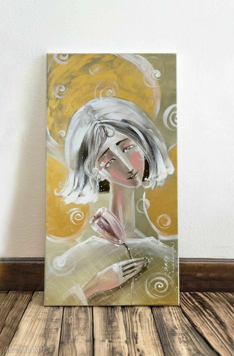 Anioł beżowy z kwiatem - obraz giclee na płótnie Canvas