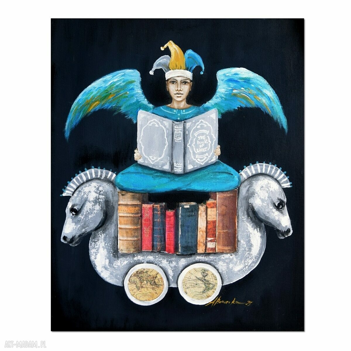 Anioł Bibliofil 16 - oryginalny obraz ręcznie malowany w technice akryl i collage