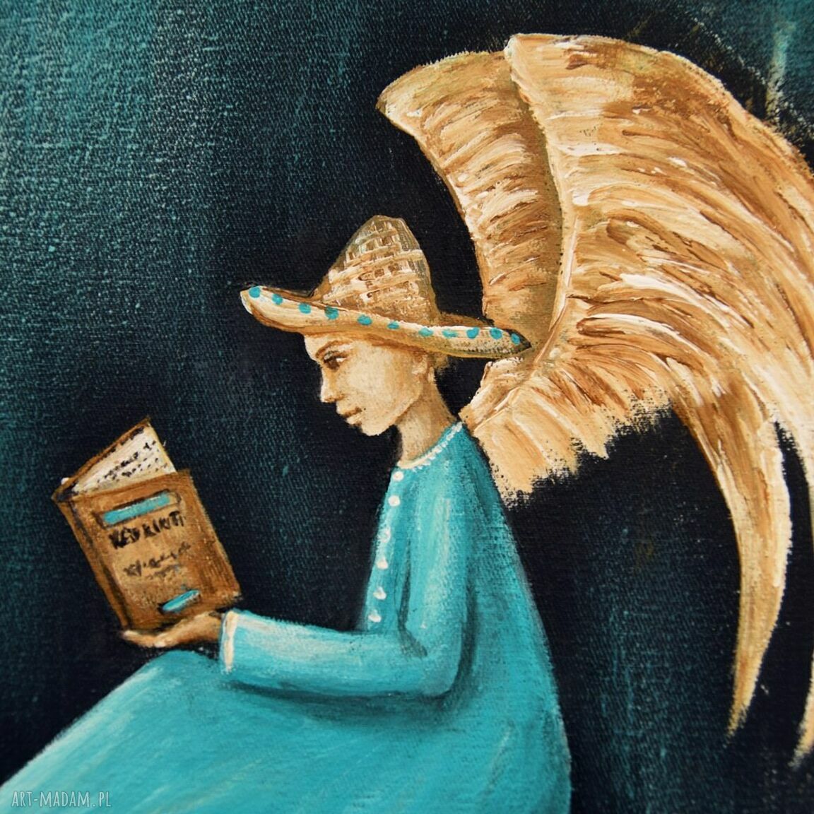 Anioł Bibliofil 10 - oryginalny obraz ręcznie malowany w technice mieszanej (collage)