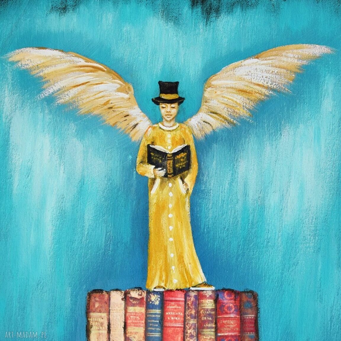 Anioł Bibliofil 12 - oryginalny obraz ręcznie malowany na płótnie 30 x 40 cm