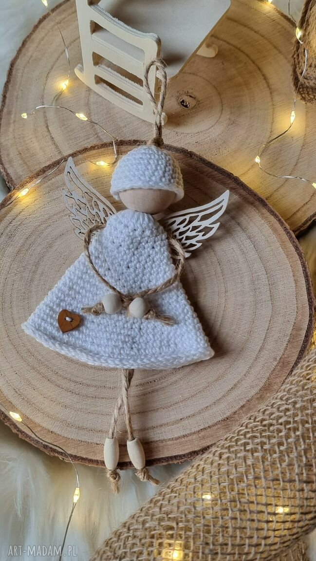 Anioł boho amulet intencyjny 20 cm ecru i zieleń - na szczęście i dobre intencje
