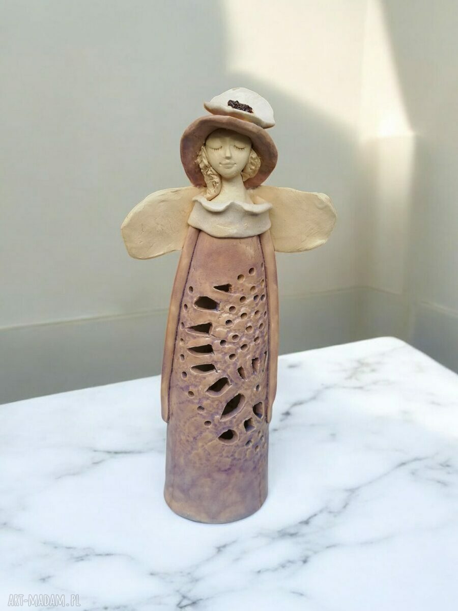 Anioł ceramiczny 25 cm - różowa dekoracja do domu i lampion