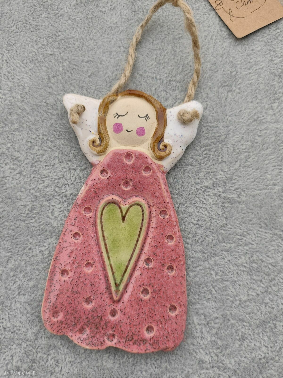 Różowy anioł ceramiczny - prezent dla niej na chrzest i komunię ok. 13 cm
