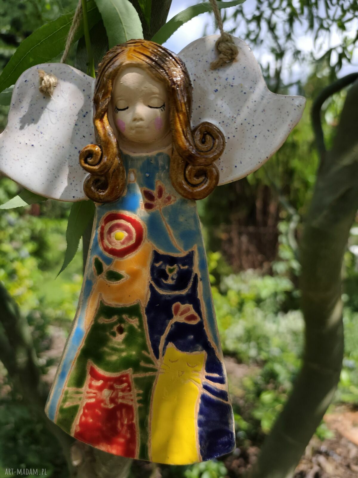 Ceramiczny anioł - ręcznie lepiona pamiątka na chrzest, komunię i ślub