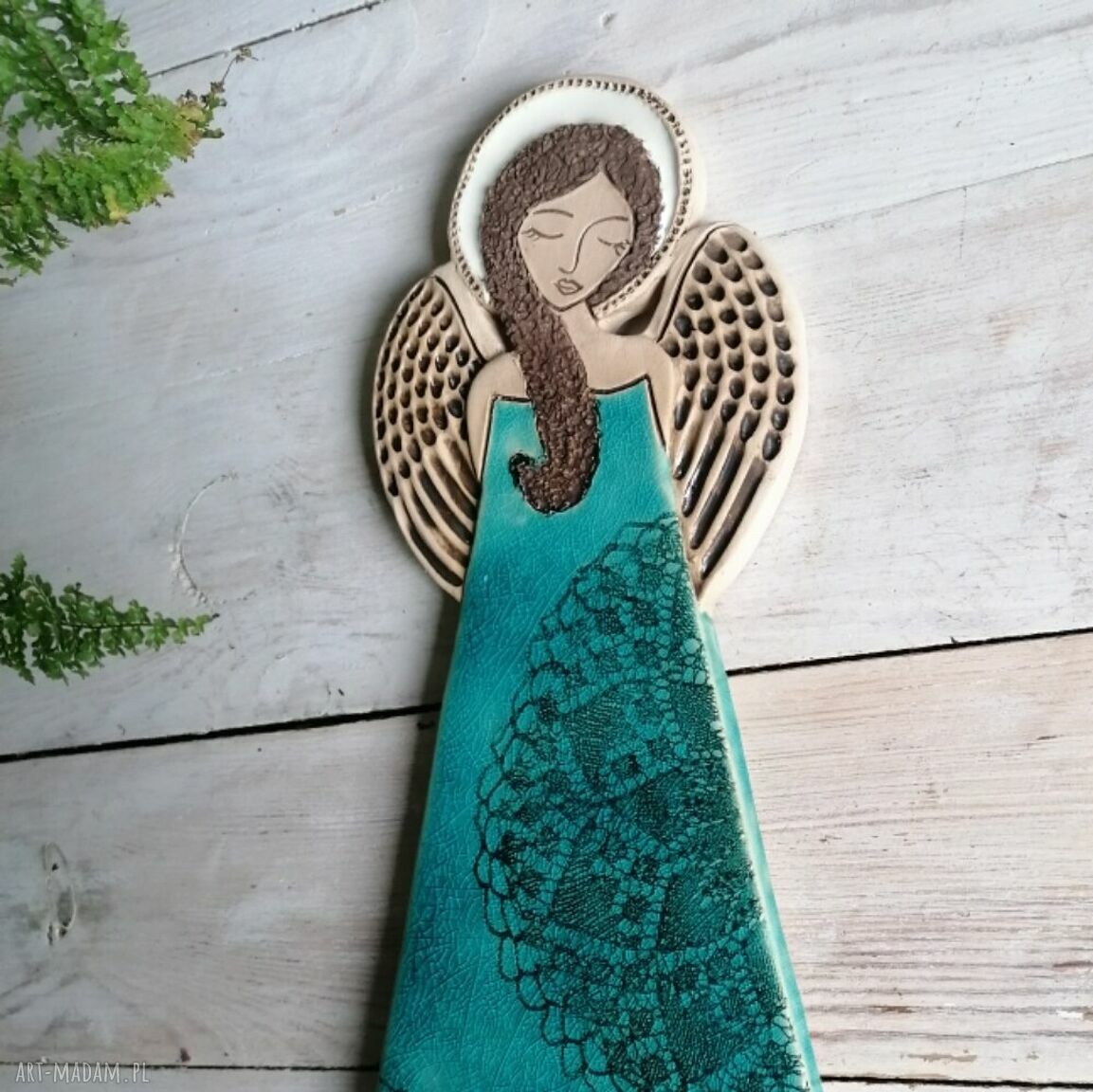 Anioł ceramiczny Pula Tirkiz (płaskorzeźba do zawieszenia)