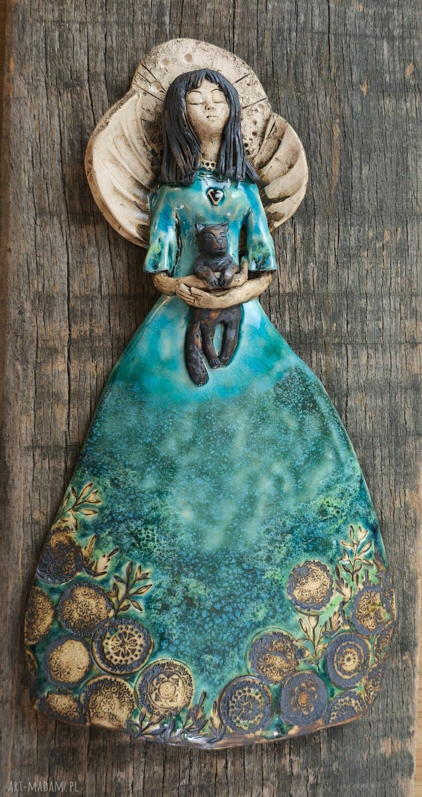 Anioł ceramiczny z kotkiem - wisząca dekoracja handmade