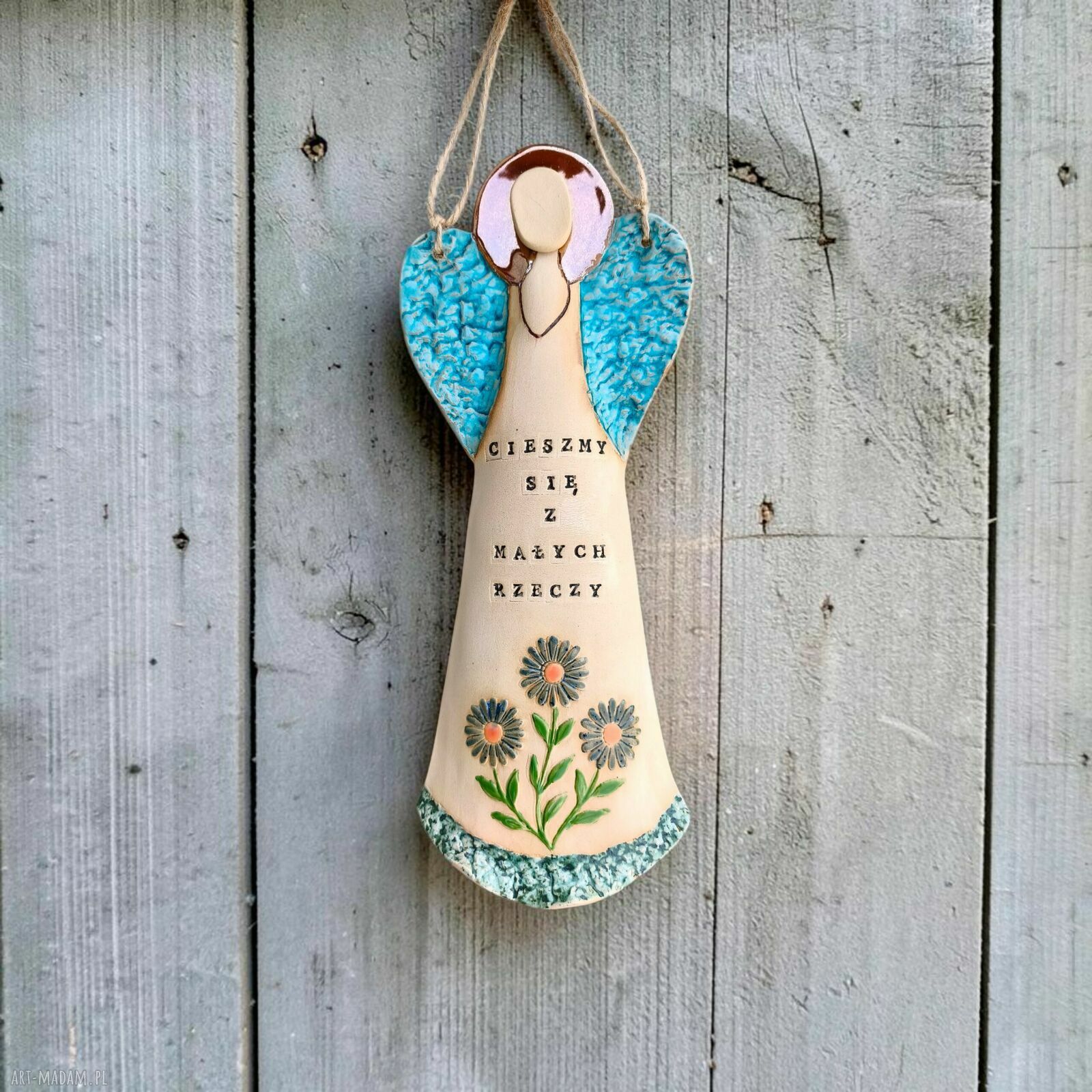 Duży anioł ceramiczny „Cieszmy się z małych rzeczy”