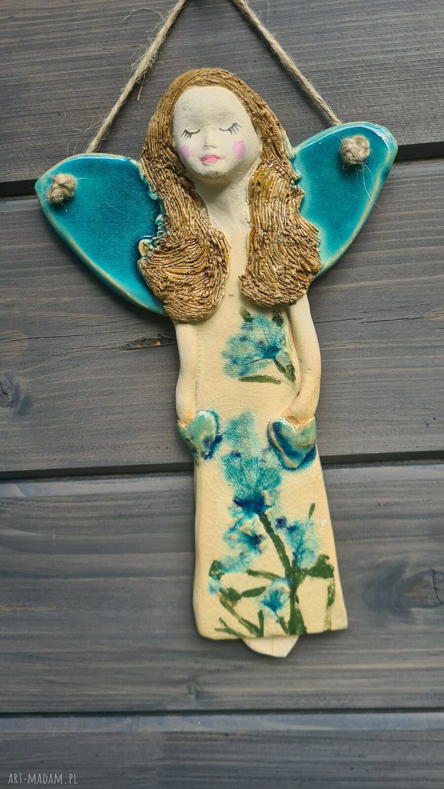 Anioł ceramiczny 27 cm - handmade z jasnej gliny i błyszczącymi szkliwami