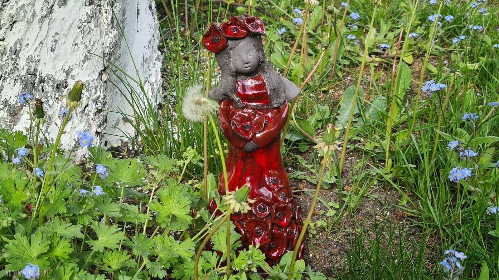 Anioł ceramiczny Makowa Panienka - 25 cm, błyszczące szkliwa, ręczne wykonanie