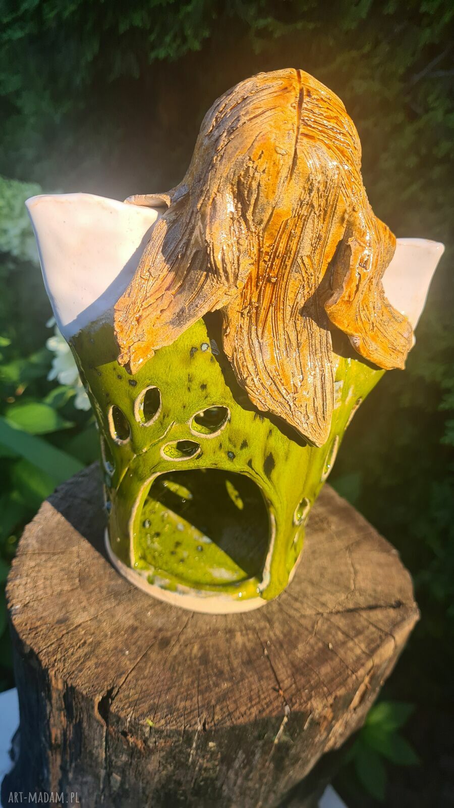 Anioł ceramiczny - lampion Wolna chwila, zielony akcent 18 cm