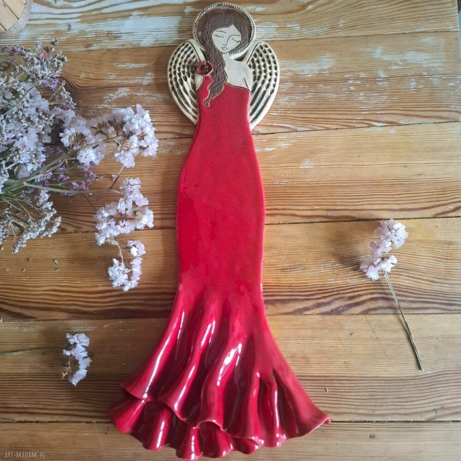 Anioł ceramiczny Flamenco - ręcznie lepiona dekoracja na ścianę i ślub