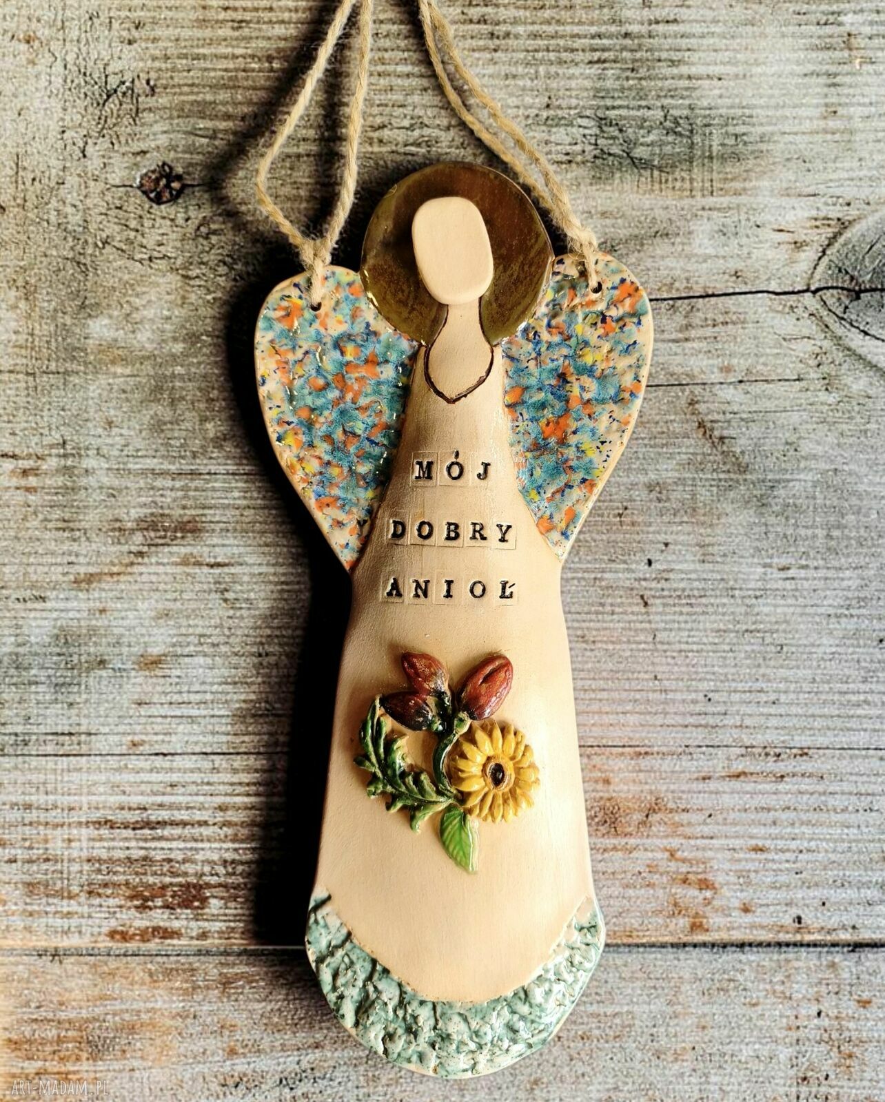 Anioł ceramiczny z kwiatami - maki i słoneczniki do powieszenia