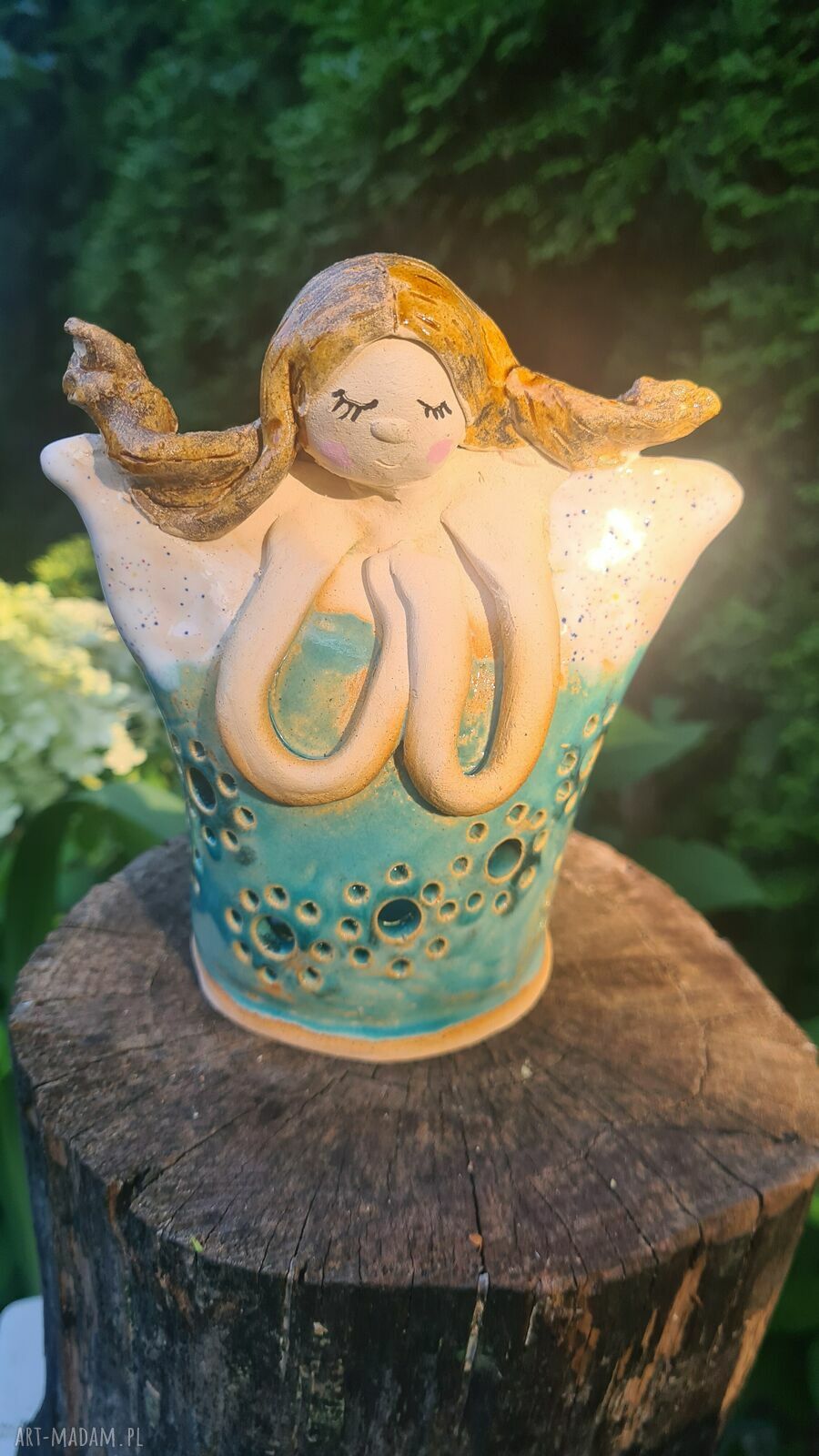 Anioł ceramiczny - lampion w turkusie 14 cm, ręcznie wykonany przez Wolna Chwila