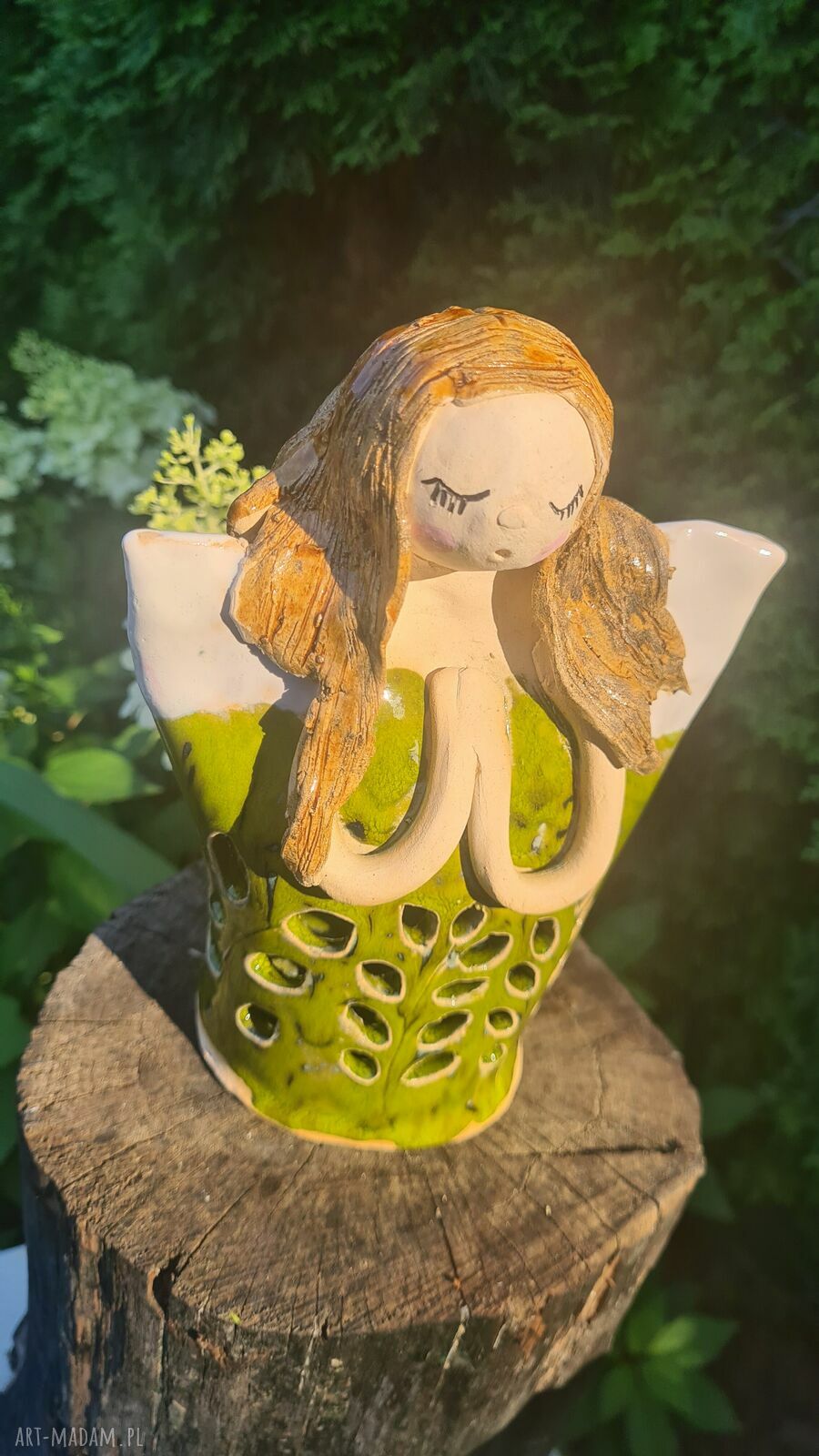 Anioł ceramiczny - lampion Wolna chwila, zielony akcent 18 cm