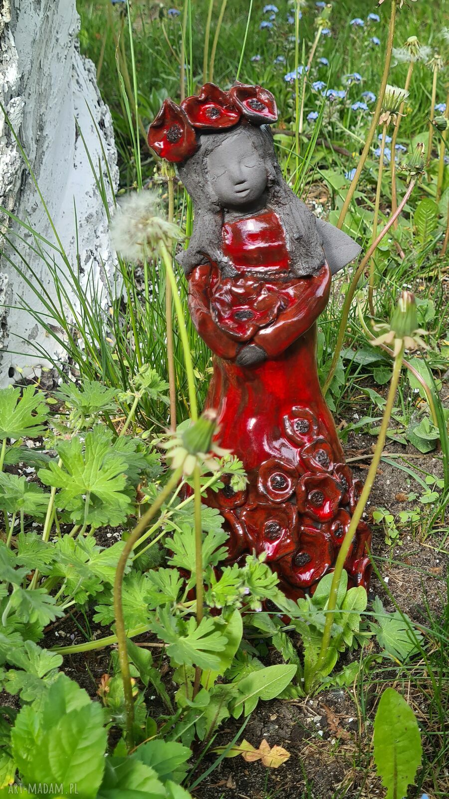 Anioł ceramiczny Makowa Panienka - 25 cm, błyszczące szkliwa, ręczne wykonanie